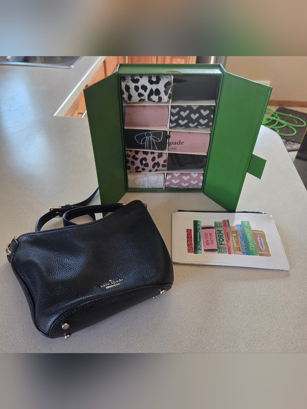 kate spade Black Pebbled Leather Crossbody with Pencil Case And Socks